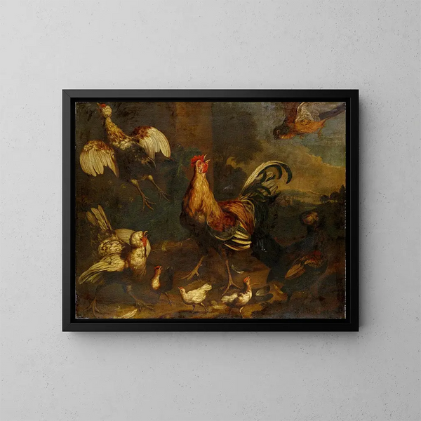 Commotion dans le poulailler - Melchior d'Hondecoeter — inramlat konstverk på väggen