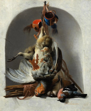 Melchior dHondecoeter - Still Life with Birds and Hunting Gear in a Niche.webp