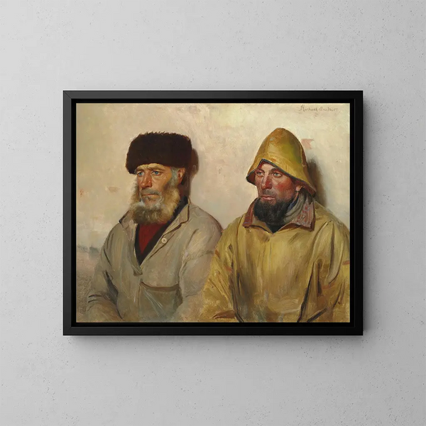 inomhus med två fiskare - Michael Ancher — inramlat konstverk på väggen