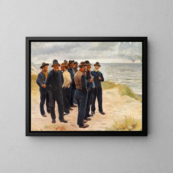 Fiskare i Skagen tittar på havet - Michael Ancher — inramlat konstverk på väggen