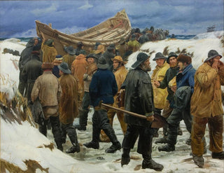 Le canot de sauvetage est emporté à travers les dunes - Michael Ancher — vy av konstverket
