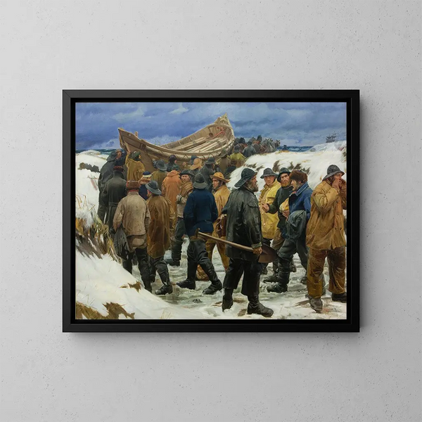 Le canot de sauvetage est emporté à travers les dunes - Michael Ancher — inramlat konstverk på väggen