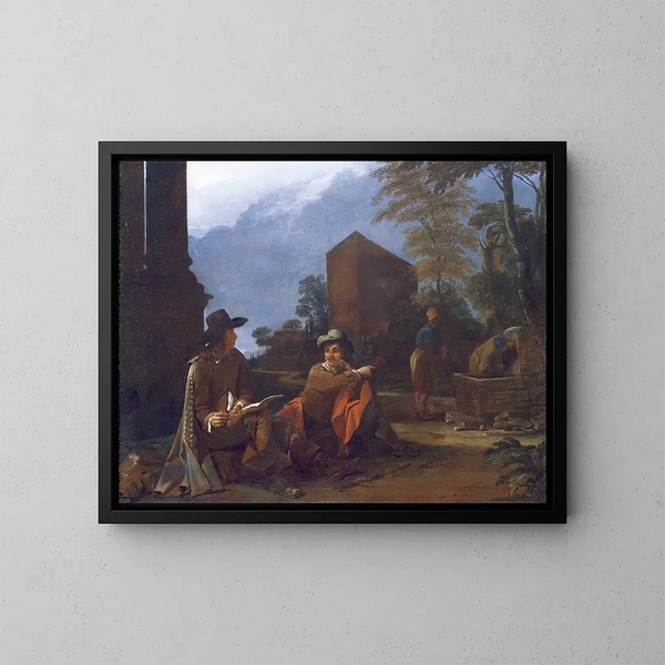 konstnärer som vilar vid en fontän - Michael Sweerts — inramlat konstverk på väggen