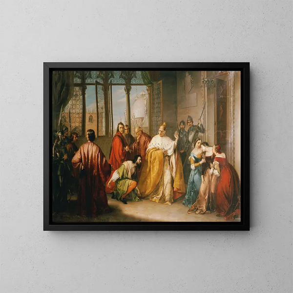 Le Doge Francesco Foscari skickar sin son Giacomo i exil - Michelangelo Grigoletti — inramlat konstverk på väggen