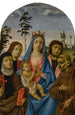 den heliga jungfru med barnet med helgonen Klara, Johannes evangelist, Johannes Döparen och Franciskus - Michelangelo di Pietro Membrini — vy av konstverket