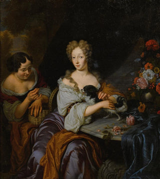 Michiel Van Musscher - Portrait Of A Lady With Her Dog And A Maid.webp