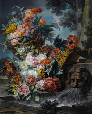 Miguel Parra Abril - An Outdoor Scene With A Pool Of Water A Basket And An Urn Filled With Carnations Roses Peonies Lilies Hydrangeas And Other Flowers.webp