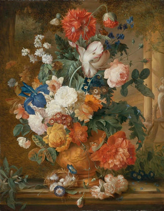 Mlanie de Comolera - Peonies Roses Carnations An Iris Anemones Auricula And Other Flowers In A Terracotta Vase.webp