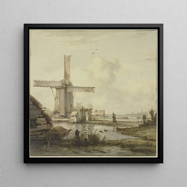 Moulin à vent devant une ville avec une haute tour, une femme marchant sur un chemin délimité - Jan Hulswit