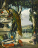 still life med påfågelblommor, frukter och en japansk vas, ett stort parklandskap i bakgrunden - Narcisse Virgile Diaz de la Peña — vy av konstverket