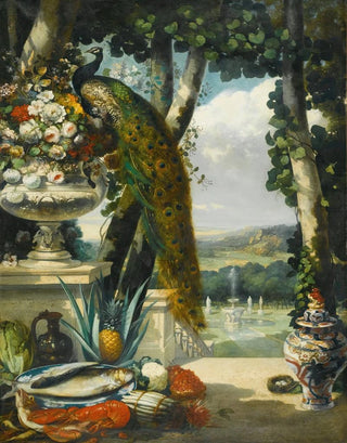 NarcisseVirgile Diaz de La Pea - Still life with peacock flowers fruit and japanese vase an extensive park landscape beyond.webp