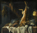 still life med en död hare, en and, en fasan och fågelkött på ett bord täckt med en vit duk, med en fruktkorg - Pieter van Boucle — vy av konstverket