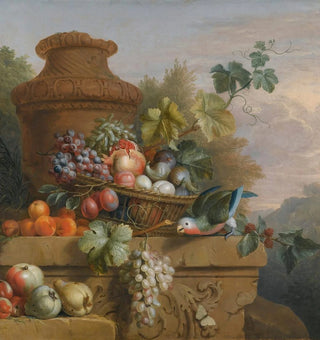 Stilleben med en fruktkorg, en papegoja och en urna på en skulpterad stenbänk - Följare av Jakob Bogdny