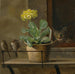 Reproduktion av målningen av stilleben med en primula i en blomsterkrukke, en katt och två sparvar - Martinus Rørbye