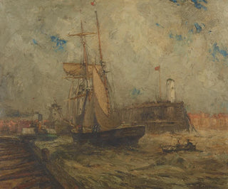 Brigantin som går in i hamnen i Littlehampton - Nelson Dawson — vy av konstverket
