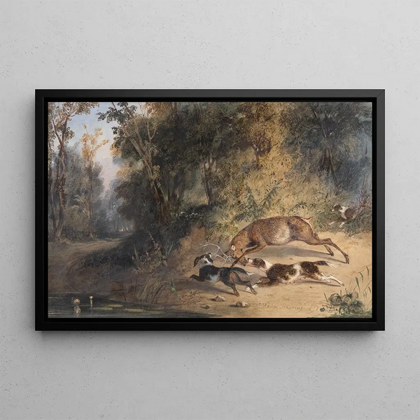 Newton Limbird Smith Fielding - Deerhound and Bitch Cornering a Stag at the Edge of a Woodland Pool.webp