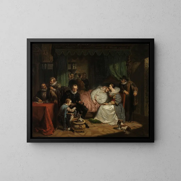 prins William I som ammas av sin hustru Charlotte de Bourbon efter mordförsöket i Antwerpen 1582 - Nicolaas Pieneman — inramlat konstverk på väggen