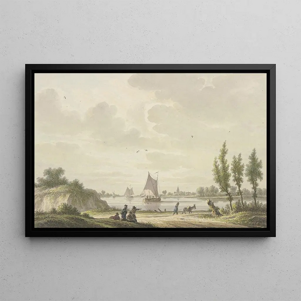 Nicolaas Wicart - Auf einem Fluss segeln drei Barken vorne auf dem Weg ein Mann mit einem Esel weiter links vier Figuren.webp