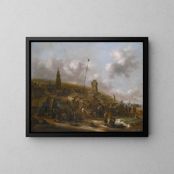 La plage de Scheveningen avec des pêcheurs déchargeant leur prise - Nicolaes Molenaer — inramlat konstverk på väggen
