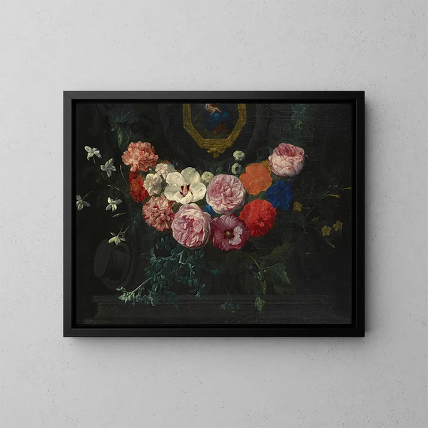 En blomsterkrans som omger en cartouche med Jungfru Maria och Barnet - Nicolaes van Verendael — inramlat konstverk på väggen