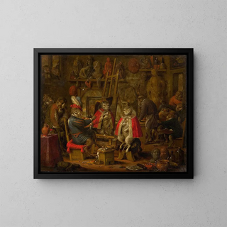 L'atelier du peintre singe - Nicolaes van Veerendael — inramlat konstverk på väggen