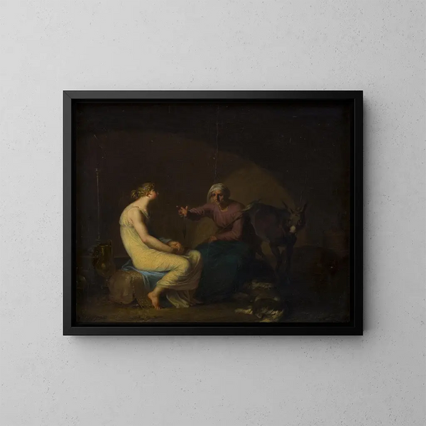 La gouvernante du roi berättar för den unga flickan myten om Amor och Psyche, motiv av Apuleius, Den gyllene åsnan - Nicolai Abildgaard — inramlat konstverk på väggen