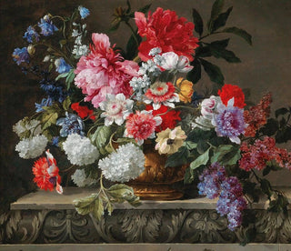 Nicolas Baudesson - A still life with roses tulips anemones sprigs of lilac viburnums and shrubs.webp