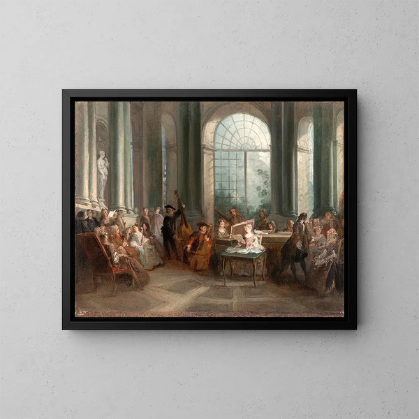 konsert i den ovala salongen i Château de Pierre Crozat i Montmorency - Nicolas Lancret — inramlat konstverk på väggen
