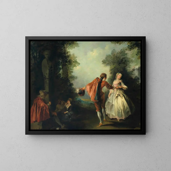 Eleganta figurer i ett skogigt landskap - Nicolas Lancret — inramlat konstverk på väggen