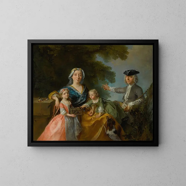 ett familjeporträtt som traditionellt identifieras som M. och fru Saint-Martin med deras två barn i ett landskap - Nicolas Lancret — inramlat konstverk på väggen