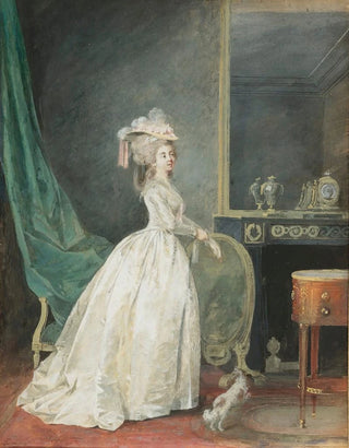 Nicolas Lavreince - A Lady Standing In An Interior Preparing To Go Out With Her Dog.webp