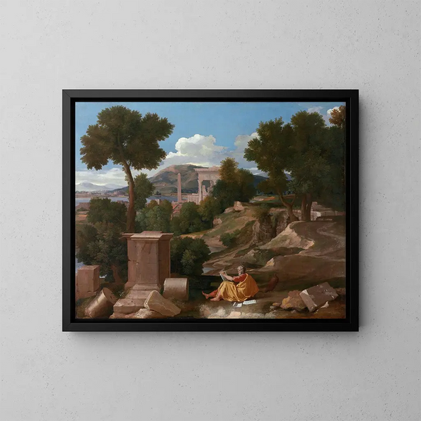 Landskapsmålning med helgon Johannes på ön Patmos - Nicolas Poussin — inramlat konstverk på väggen