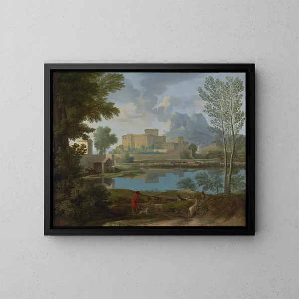 Landskap med ett lugn - Nicolas Poussin — inramlat konstverk på väggen