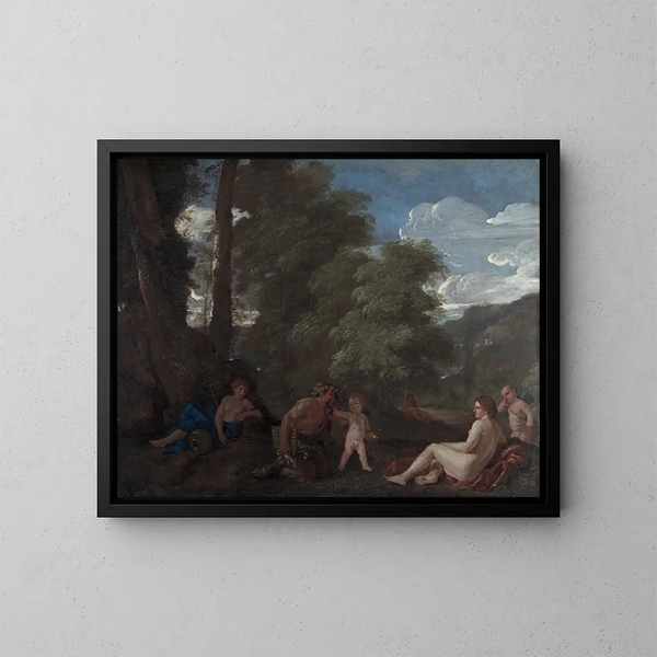 Nymf och satyr, kärleken triumferar över allt - Nicolas Poussin — inramlat konstverk på väggen