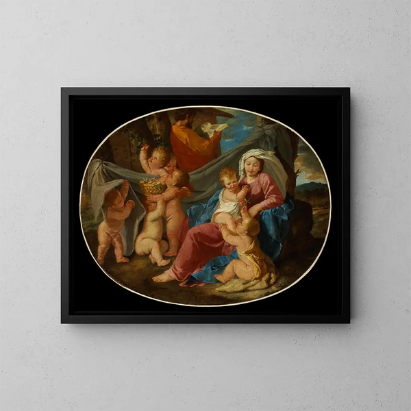 Le repos pendant la fuite en Égypte - Nicolas Poussin — inramlat konstverk på väggen