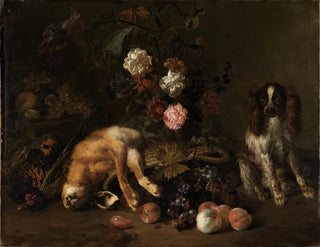 stilleben med vilt, blommor, frukter och en spaniel - Nicolas de Largillière — vy av konstverket