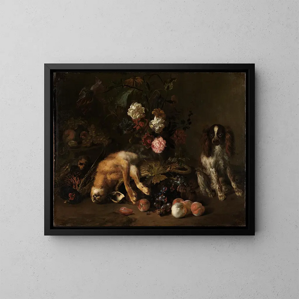 stilleben med vilt, blommor, frukter och en spaniel - Nicolas de Largillière — inramlat konstverk på väggen