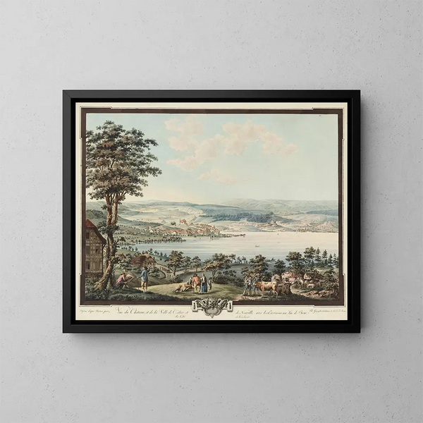 Vue du Château et de la Ville de Cerlier et de Neuville avec les Environs au Lac de Bienne - Niklaus Sprüngli — inramlat konstverk på väggen