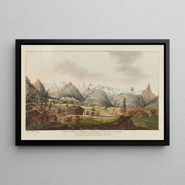 Vue des vallées et montagnes de Gessenay de Lauwenen et de Gsteig d'où l'on voit le fameux glacier de Guelte dans le canton de Berne - Niklaus Sprüngli — inramlat konstverk på väggen