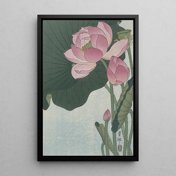 lotusblommor i blom - Ohara Koson — inramlat konstverk på väggen