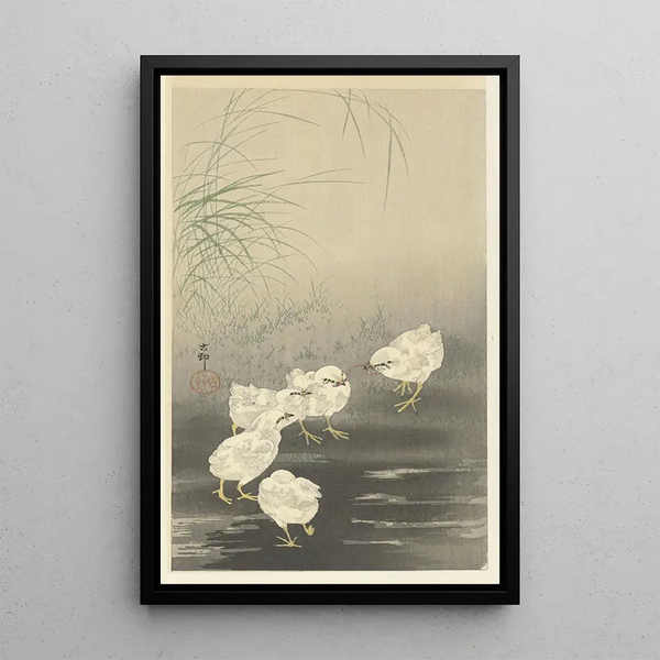 Poussins och ver - Ohara Koson — inramlat konstverk på väggen