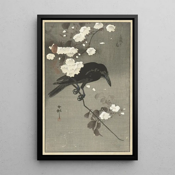 korp med körsbärsblomma - Ohara Koson — inramlat konstverk på väggen