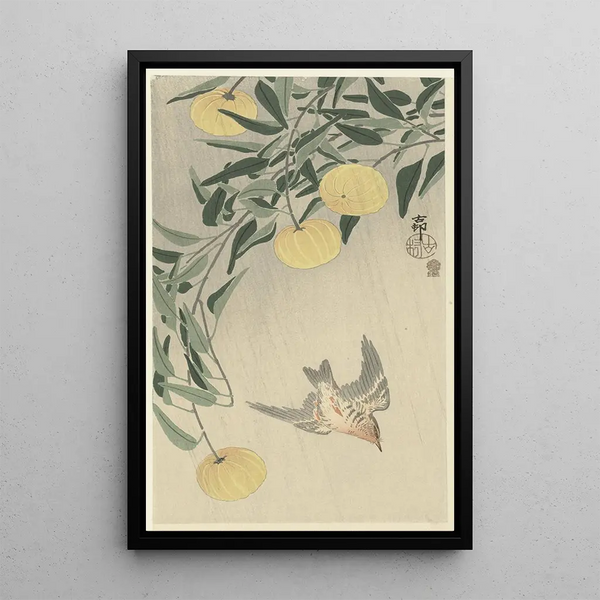 Coucou sous la pluie - Ohara Koson — inramlat konstverk på väggen