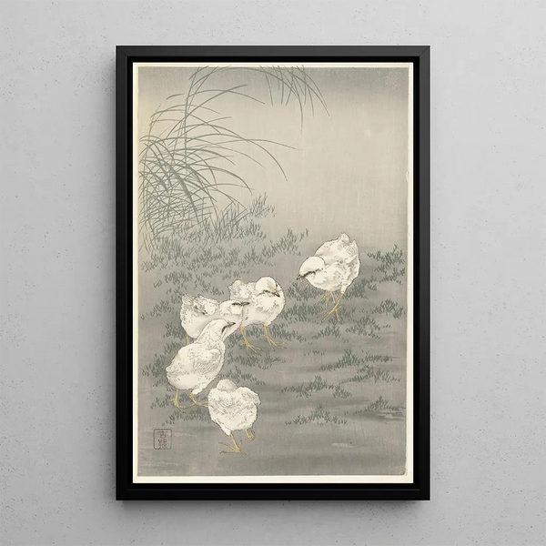 Fem kycklingar - Ohara Koson — inramlat konstverk på väggen