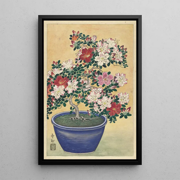 Azalée i blomma i en blå kruka - Ohara Koson — inramlat konstverk på väggen