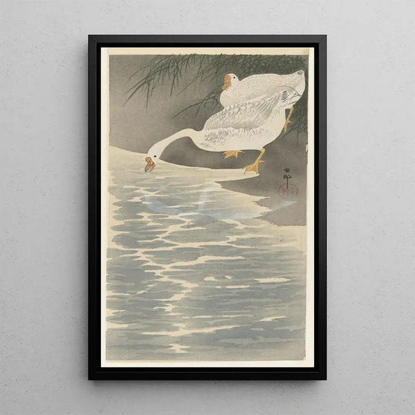 Oies sur la berge - Ohara Koson — inramlat konstverk på väggen