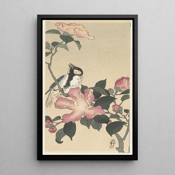 Mésange sur branche avec fleurs roses - Ohara Koson — inramlat konstverk på väggen