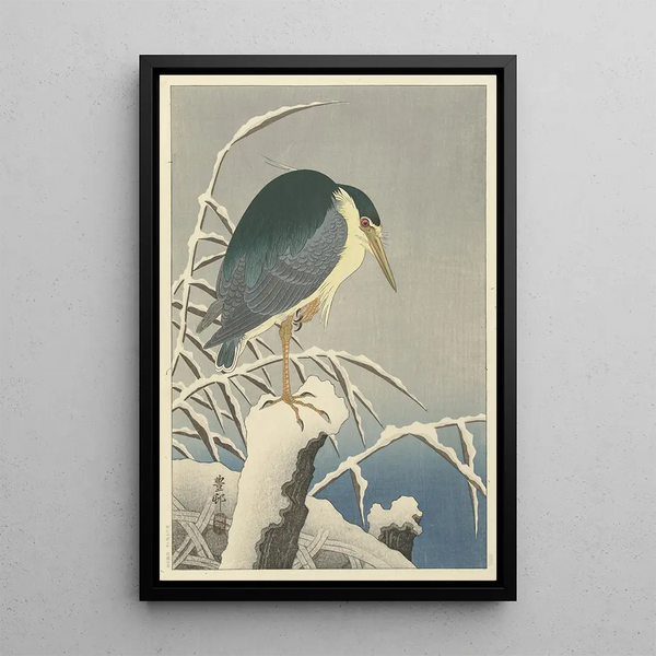 Héron dans la neige - Ohara Koson — inramlat konstverk på väggen