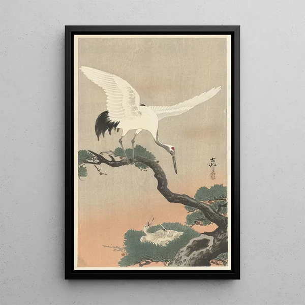japansk kran på tallgren - Ohara Koson — inramlat konstverk på väggen