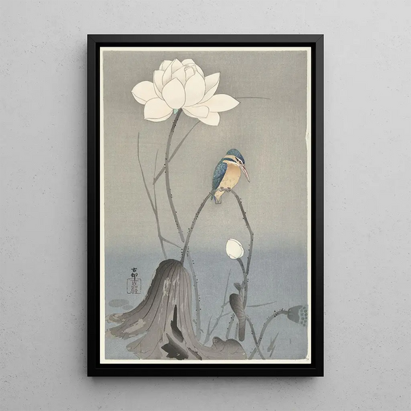 Martin-pêcheur med lotusblomma - Ohara Koson — inramlat konstverk på väggen